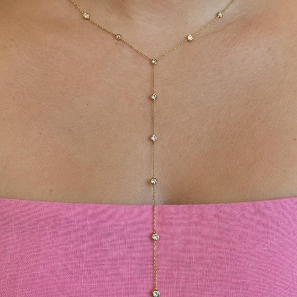 18K Real Yellow Gold Natural Diamonds Lariat Necklace 18”